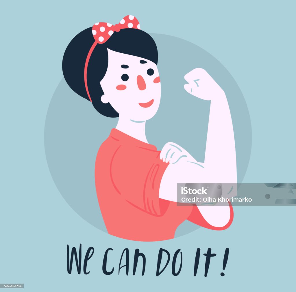 We can do it poster. Woman rights, empowerment We Can Do It poster. Strong girl. Classical american symbol of female power, woman rights, protest, feminism. Vector colorful hand drawn woman in retro comic style. Empowerment concept Girl Power stock vector