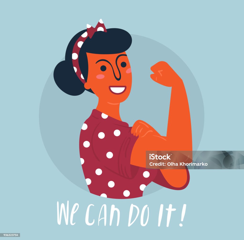 We can do it poster. Woman rights, empowerment We Can Do It poster. Strong hindu asian girl. Classical american symbol of female power, woman rights, protest, feminism. Vector colorful hand drawn woman in retro comic style. Empowerment concept Girl Power stock vector