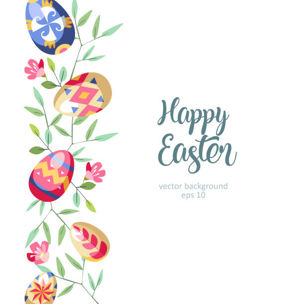 Easter great vertical floral background with colored easter eggs growed at branch of tree Easter great vertical floral background with colored easter eggs growed at branch of tree orthodox church easter stock illustrations