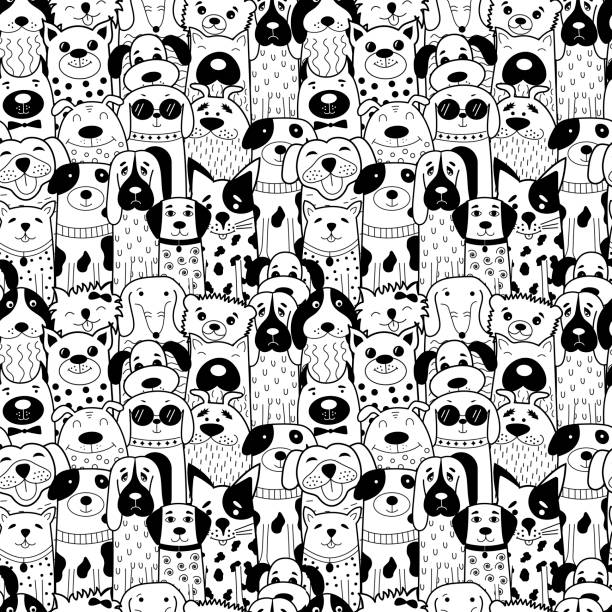 ilustraciones, imágenes clip art, dibujos animados e iconos de stock de patrón sin fisuras con perros garabato blanco y negro. - animal background