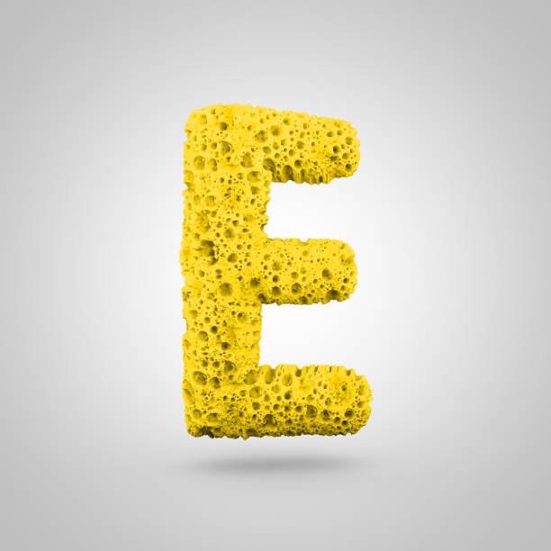 Sponge letter E uppercase. 3D rendering of yellow sponge font isolated on white background.