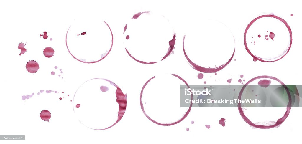 Red wine stain rings isolated on white background Dry stains of red wine glass or bottle circle rings and blob drops isolated on white background Wine Stock Photo