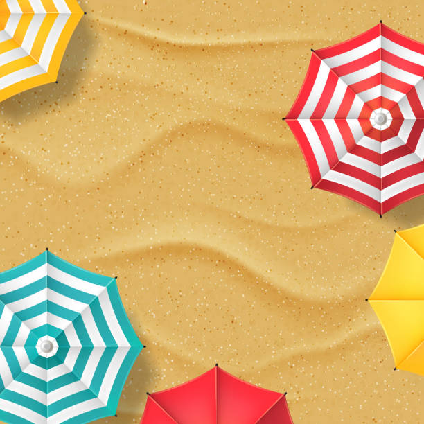 istock Vector illustration of sand beach and multicolor striped umbrellas. Top view summer vacation banner background 936325552