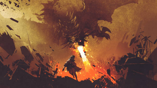 화재 드래곤에서 실행 하는 소년 - fantasy flying dragon monster stock illustrations