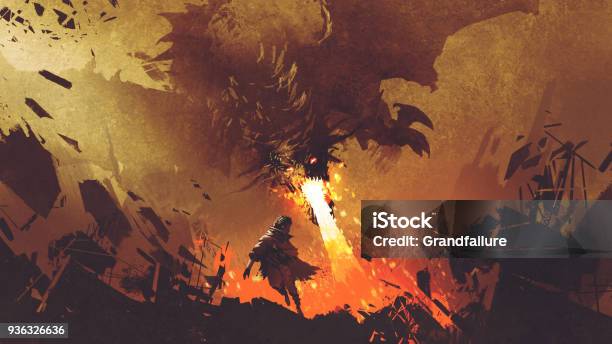 Boy Running Away From The Fire Dragon Stock Illustration - Download Image Now - Fantasy, Dragon, Fire - Natural Phenomenon