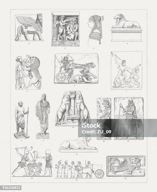 Ancient European And Middle East Sculptures Wood Engravings Published 1897 Stock Illustration - Download Image Now