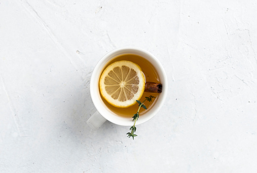 Herbal tea on white background. Directly above.