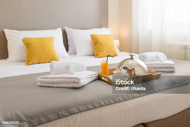 Breakfast Served On A Hotel Bed Stock Photo - Download Image Now - Hotel, Bed - Furniture, Luxury