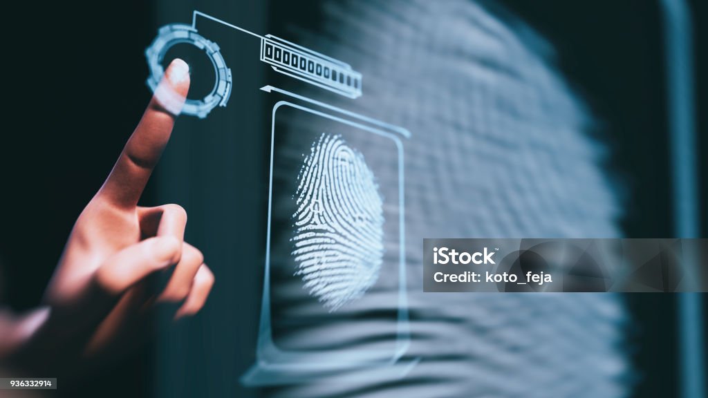Fingerprint scan Fingerprint scan - 3d rendered image. Person unlocking with fingerprint scan using biometrics.  Security concept. Digital Display Stock Photo
