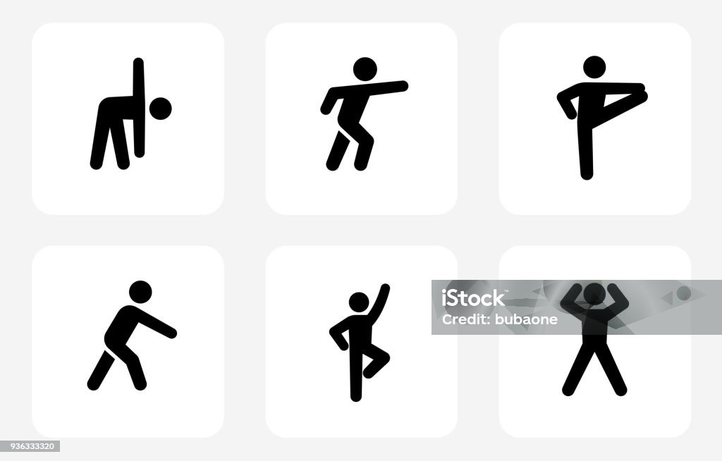 Fitness and healthy lifestyle Fitness and healthy lifestyle stick figure icons of people are key visual elements of this illustration. The icons are simple and elegant. This is a 100% royalty free vector image.This royalty free vector illustration features the icons in black color on a light background. The image is black and white. The illustration is simple and clean. Flexibility stock vector