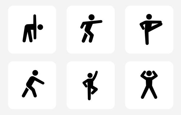 Fitness and healthy lifestyle Fitness and healthy lifestyle stick figure icons of people are key visual elements of this illustration. The icons are simple and elegant. This is a 100% royalty free vector image.This royalty free vector illustration features the icons in black color on a light background. The image is black and white. The illustration is simple and clean. exercise class icon stock illustrations