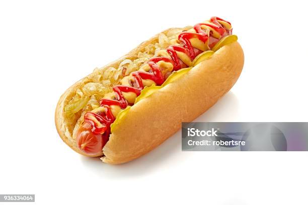 Hot Dog With Fried Onion And Cucumber On White Stock Photo - Download Image Now - Hot Dog, Onion, Cut Out