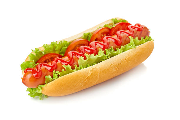 hot dog con lattuga e pomodoro su bianco - sausage grilled isolated single object foto e immagini stock