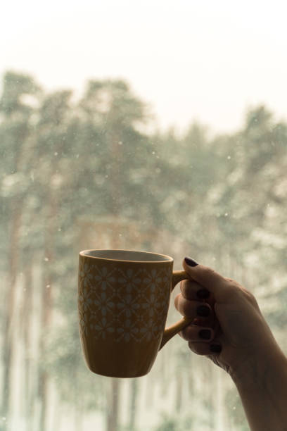 istock Hot coffee in the winter forest. Girl drinking coffee 936334482