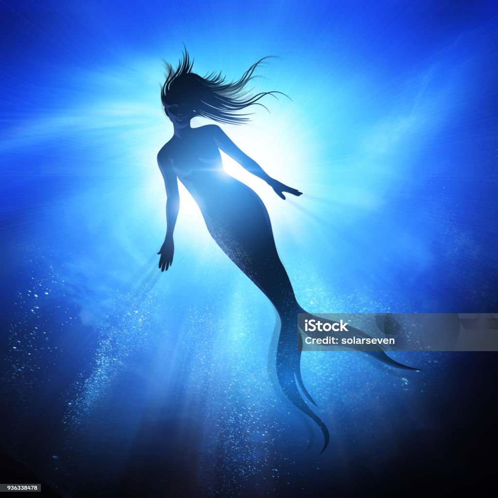 Swimming Mermaid Under The Waves A swimming Mermaid silhouette with a long fish tail in the deep blue sea. Mythical creature of the ocean. Mixed media illustration Mermaid Stock Photo