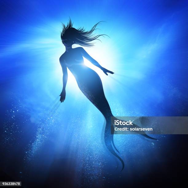 Swimming Mermaid Under The Waves Stock Photo - Download Image Now - Mermaid, Emergency Siren, In Silhouette