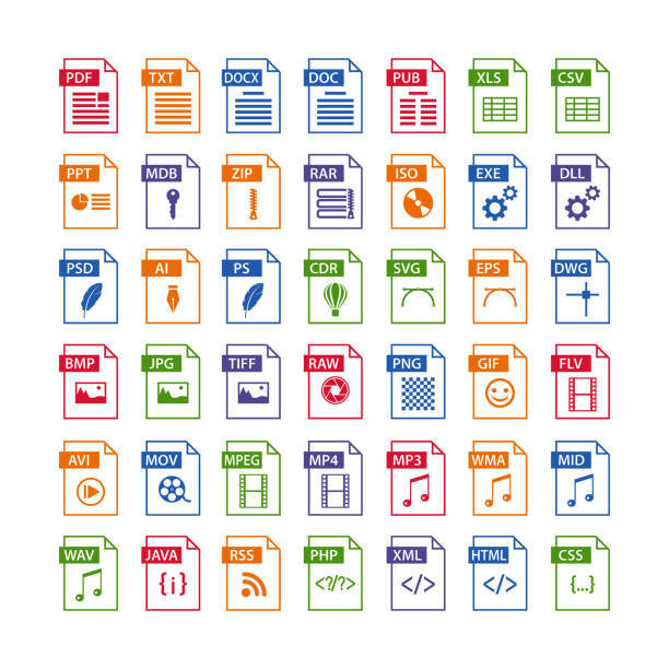 bunte reihe von datei-typ-icons. datei-format symbolsatz in farbe, dateien symbole tasten - computer icon symbol icon set media player stock-grafiken, -clipart, -cartoons und -symbole