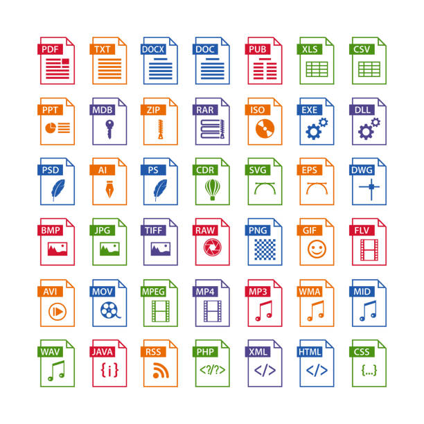 kolorowy zestaw ikon typu pliku. ikona formatu pliku ustawiona w kolorze, przyciski symboli plików - psd stock illustrations