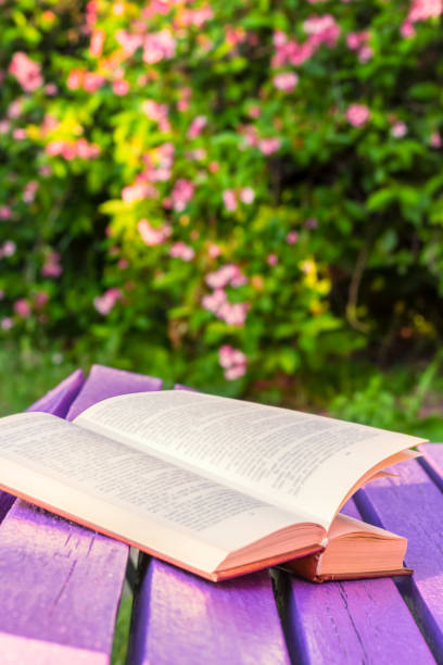 istock Open book on a lilac bench in the spring garden 936339964
