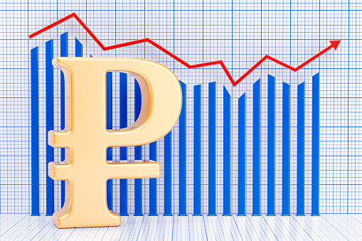 Ruble symbol with growing chart. 3D rendering