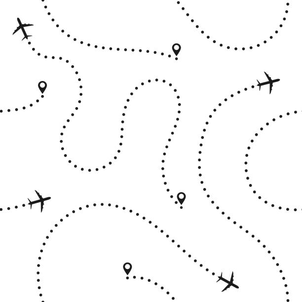 ilustrações, clipart, desenhos animados e ícones de padrão sem emenda de conceito de viagens. abstrato avião rotas. viagens e turismo de fundo sem emenda com rotas de avião pontilhada - travel
