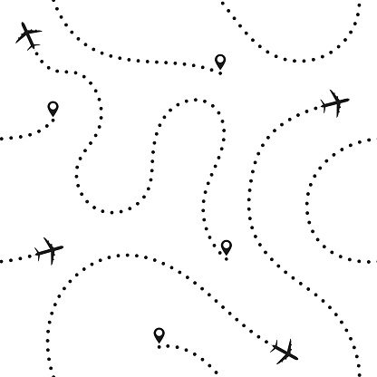 Travel concept seamless pattern. Abstract airplane routes. Travel and tourism seamless background with dotted airplane routes. Vector