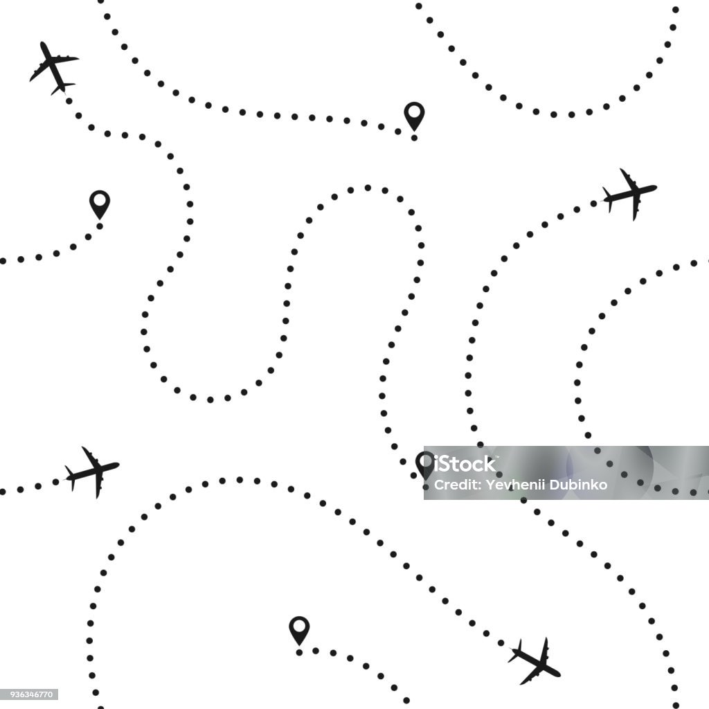 旅遊理念無縫模式。抽象飛機路線。旅遊和旅遊無縫背景與虛線飛機路線 - 免版稅旅行圖庫向量圖形