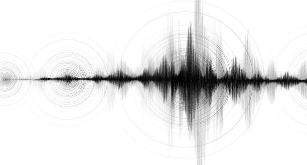 ilustraciones, imágenes clip art, dibujos animados e iconos de stock de terremoto onda baja y alta escala de richter con la vibración del círculo en fondo blanco papel, concepto de diagrama de onda de audio, diseño de educación y ciencia, ilustración del vector. - sacudir