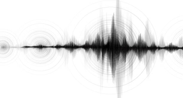 землетрясение волна низкий и высокий рихтер масштаба с круг вибрации на фоне белой бумаги, аудио диаграммы концепции, дизайн для образован� - earthquake stock illustrations