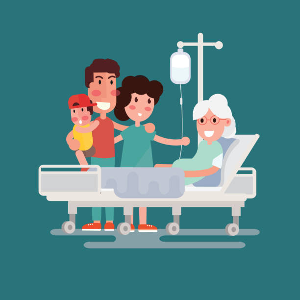 Family health care and people concept - happy senior man and young woman visiting and cheering her grandmother lying in bed at hospital ward vector art illustration