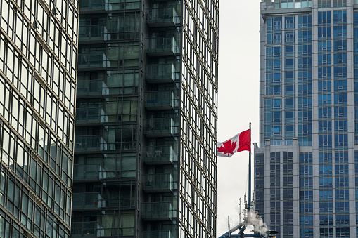 Picture of a Canada flag in Toronto, Canada, surrounded by modern skyscrapers, mainly condos and business buildings