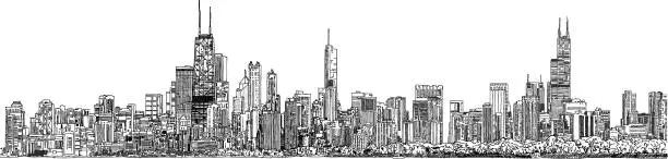 Vector illustration of Vector illustration. Panorama of the Chicago skyline. Black and white Ink look.