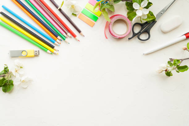 istock Good bay, school stationery and blosom apple brunch 936352806