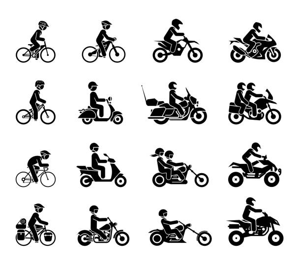 sammlung von icons für motorräder und fahrräder. - motorradfahrer stock-grafiken, -clipart, -cartoons und -symbole