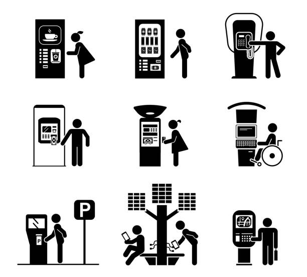 Set of various self - service machine for public use. Collection of vector illustrations of various kiosk, automatic machines, electronic devices. For use in public places. Modern technology. phone charging station icon stock illustrations