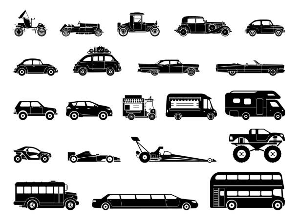 Old car and other vehicle models, classic, oldtimer, extravagant, special purposes vehicles. vector art illustration