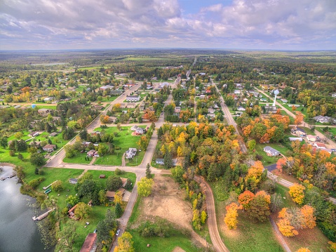 Hill City is a small Midwestern Town in Northern Minnesota. This is an aerial view taken in autumn.