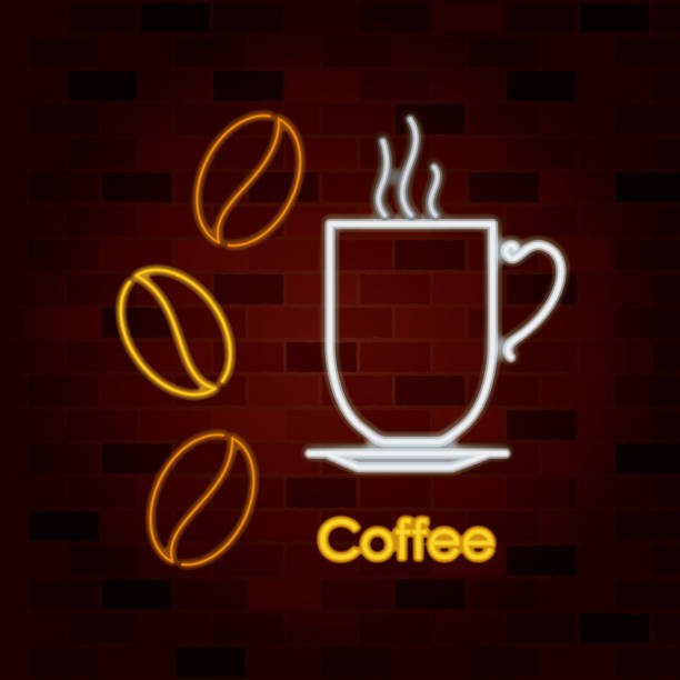 istock hot coffee cup on dish and coffee beans in neon sign on brick wall 936356854