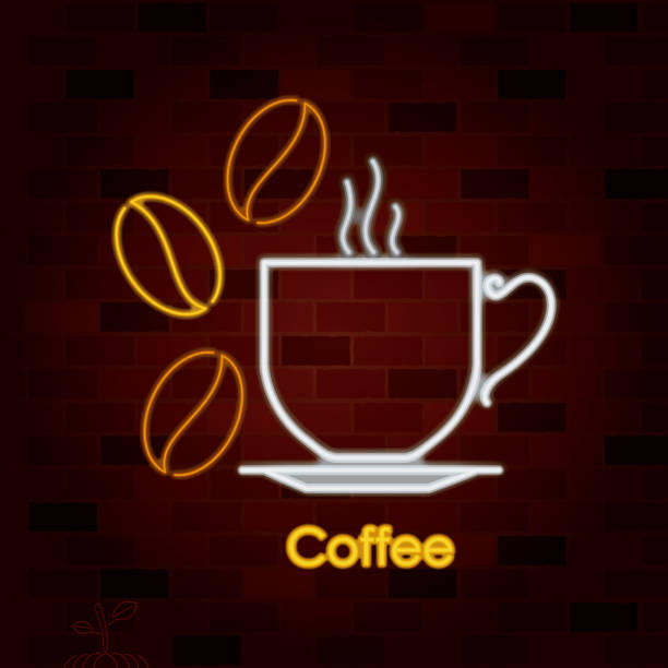 istock hot coffee drinking cup on dish and coffee beans in neon sign on brick wall 936357182