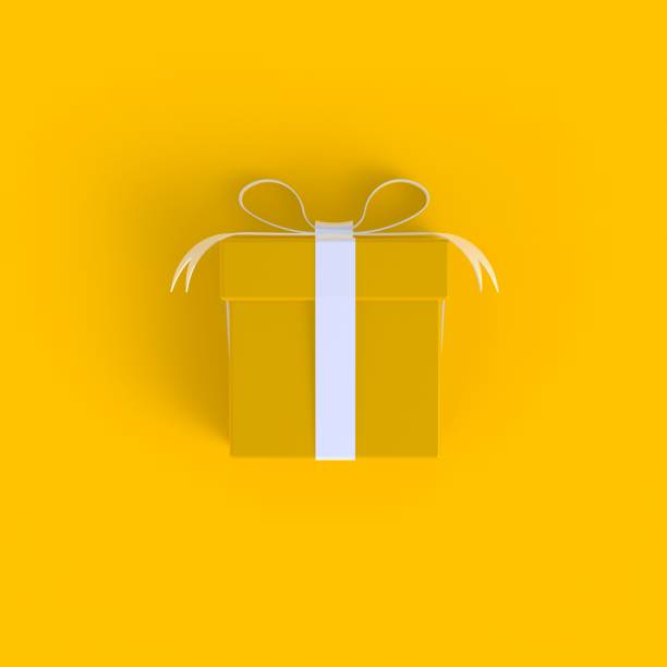 подарочная коробка абстрактный минимальный желтый фон, нового года концепция, 3d рендеринга - yellow box стоковые фото и изображения
