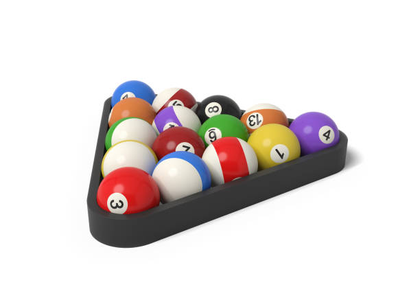 3d rendering of many billiard balls with colorful stripes and numbers inside a rack. Gaming equipment. Billiards and snooker. Pool ball set.