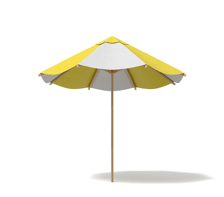 3d rendering of an isolated beach umbrella with white and yellow stripes on white background. Sunbathing. Summer vacation. Leisure at sea.
