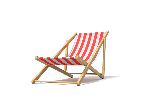 3d rendering of a white red deckchair isolated on a white background. Getting tanned. Beach furniture. Resting at sea resort.