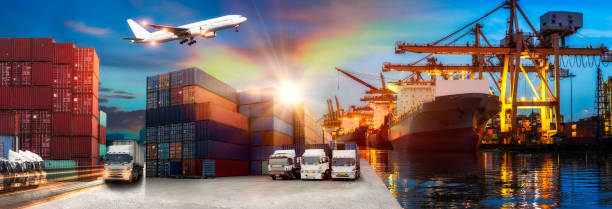 istock Logistics and transportation of Container Cargo ship and Cargo plane with working crane bridge in shipyard at sunrise, logistic import export and transport industry background 936364566