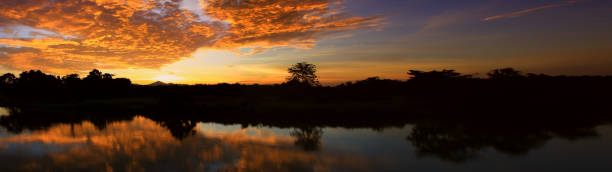 istock Panorama sunset beautiful colorful landscape and silhouette tree mountain river reflect in sky twilight time 936364908