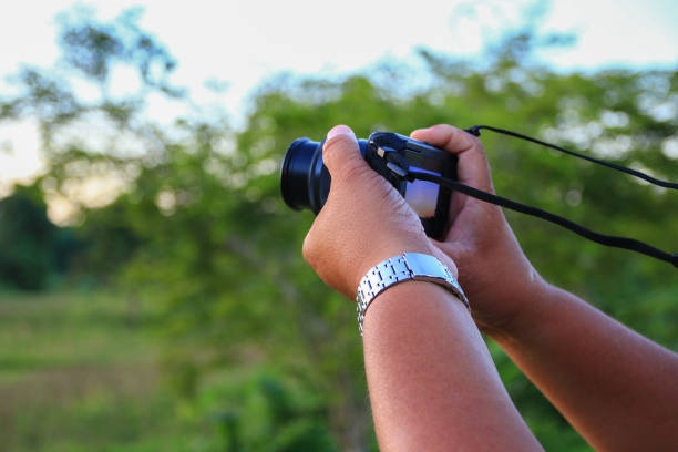 istock hand holding camera photograph in nature background 936365142