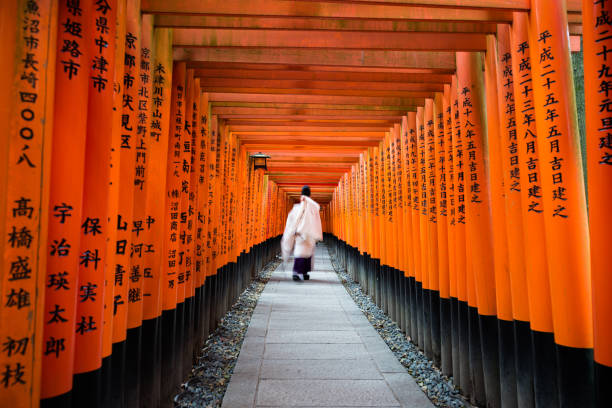 京都市、伏見稲荷輝きで千鳥居で僧の動き - 神社 ストックフォトと画像