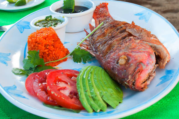 dentice rosso fritto con riso al pomodoro avocado e fagioli neri - fish catch of fish seafood red snapper foto e immagini stock
