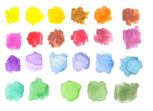 various watercolor spots / splashes isolated on white. hand drawn illustration. palette.