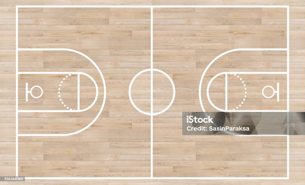 Vista dall'alto, campo da basket e linea di layout su sfondo strutturato in legno - Foto stock royalty-free di Basket